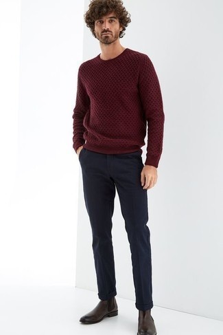 Burgundy Cable Sweater Outfits For Men: 