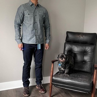 Men's Dark Brown Leather Derby Shoes, Navy Jeans, Grey Chambray Long Sleeve Shirt