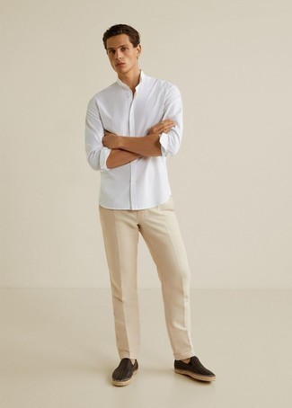 Men's Dark Brown Leather Espadrilles, Beige Chinos, White Long Sleeve Shirt