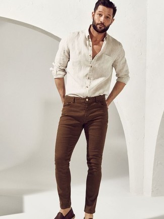 Men's Dark Brown Leather Espadrilles, Brown Skinny Jeans, White Linen Long Sleeve Shirt
