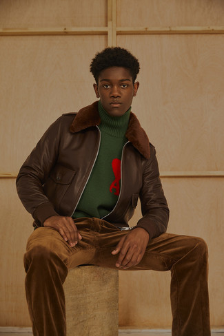 Men's Dark Brown Leather Harrington Jacket, Dark Green Wool Turtleneck, Brown Corduroy Chinos