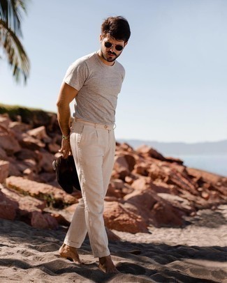 Beige Linen Chinos Outfits: 