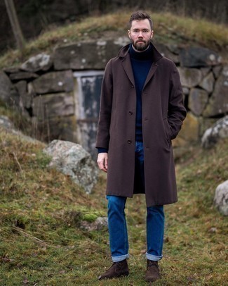 Brown Suede Desert Boots Cold Weather Outfits: A dark brown overcoat and blue jeans married together are a perfect match. Does this outfit feel too dressy? Introduce a pair of brown suede desert boots to switch things up.