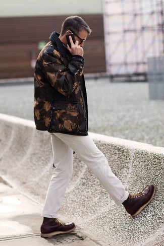 Dark Brown Camouflage Parka Outfits For Men: A dark brown camouflage parka and white chinos are an off-duty combo that every modern gentleman should have in his casual closet. To bring a bit of flair to your ensemble, introduce burgundy leather casual boots to your ensemble.