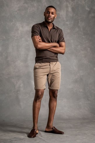 Dark Brown Polo Outfits For Men: Why not pair a dark brown polo with tan shorts? As well as super functional, these two items look nice married together. For something more on the classier side to round off this outfit, introduce a pair of dark brown leather loafers to the mix.