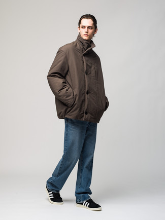 Men's Dark Brown Puffer Jacket, Navy Jeans, Black and White Suede Low Top Sneakers