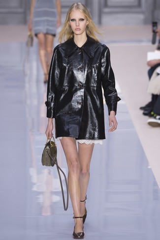 Women's Olive Leather Handbag, Dark Brown Leather Pumps, White Lace Shift Dress, Black Leather Coat