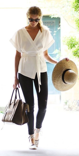 Women's Beige Straw Hat, Dark Brown Leather Satchel Bag, Black Ripped Skinny Jeans, White Kimono