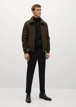 Tobacco Shearling Jacket Outfits For Men: This laid-back pairing of a tobacco shearling jacket and black chinos is a life saver when you need to look great but have zero time to put together an ensemble. To introduce a bit of depth to your ensemble, complete this getup with a pair of black leather chelsea boots.