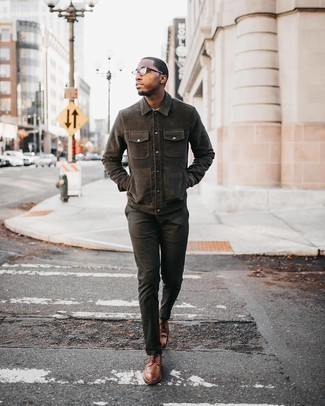 Brown Leather Brogues Outfits: Show off your refined self by wearing a dark brown corduroy shirt jacket and dark green chinos. Brown leather brogues will put a more refined spin on this ensemble.