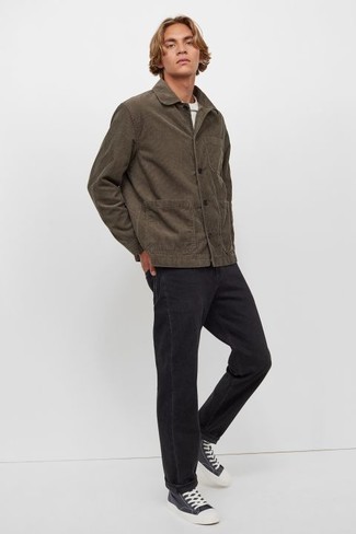 Men's Dark Brown Corduroy Shirt Jacket, White Crew-neck T-shirt, Black Jeans, Black and White Canvas Low Top Sneakers