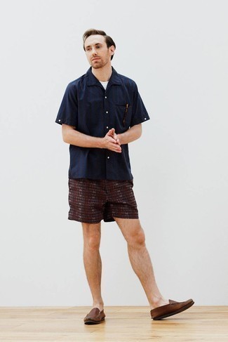 Men's Brown Leather Loafers, Dark Brown Print Shorts, White Crew-neck T-shirt, Navy Vertical Striped Short Sleeve Shirt