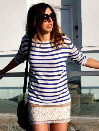 White and Blue Horizontal Striped Crew-neck Sweater Outfits For Women: 