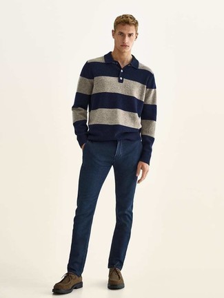 Navy Horizontal Striped Polo Neck Sweater Outfits For Men: 