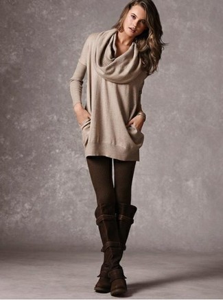 Dark Brown Suede Knee High Boots Outfits: 