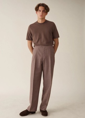 Men's Dark Brown Suede Loafers, Brown Dress Pants, Brown Crew-neck T-shirt