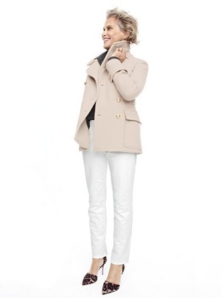 Beige Pea Coat Outfits For Women: 