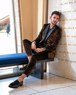 Dark Brown Velvet Suit Outfits: Consider pairing a dark brown velvet suit with a black crew-neck t-shirt for a clean elegant menswear style. Black fringe leather loafers will breathe an extra touch of style into an otherwise mostly casual ensemble.