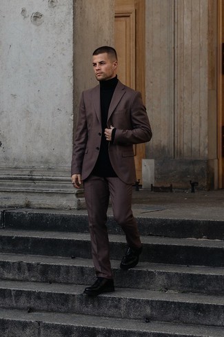 Dark Brown Suit Outfits: Teaming a dark brown suit and a black turtleneck will cement your sartorial chops. Complement this look with black leather derby shoes to pull the whole thing together.