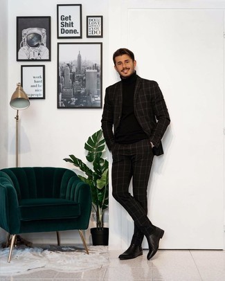 Dark Brown Check Suit Outfits: A dark brown check suit and a black turtleneck are the kind of a tested getup that you need when you have zero time to dress up. Add a pair of dark brown leather chelsea boots to the equation for extra fashion points.