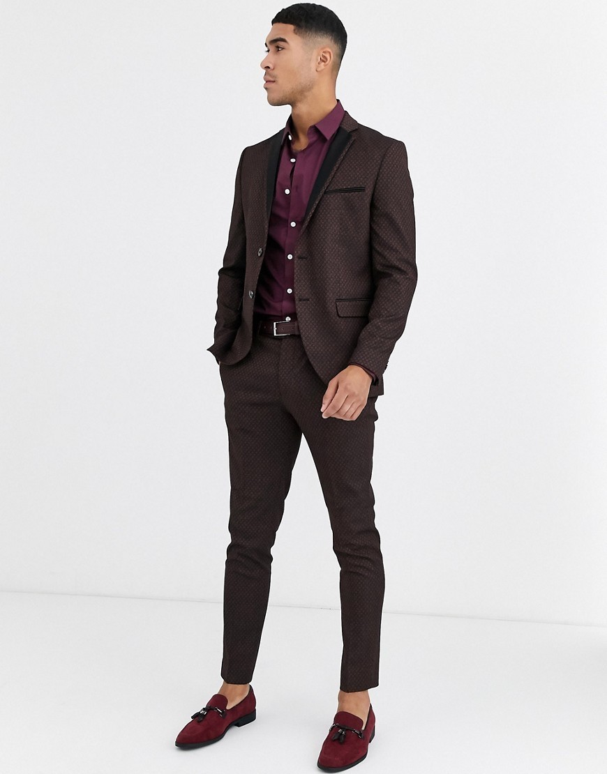 Men S Dark Brown Brocade Suit Burgundy Dress Shirt Burgundy Suede Tassel Loafers Dark Brown Leather Belt Lookastic