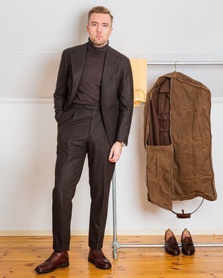 Dark Brown Wool Suit Outfits: This combo of a dark brown wool suit and a dark brown wool turtleneck is extra dapper and creates instant appeal. Introduce an easy-going vibe to by finishing with a pair of dark brown leather casual boots.
