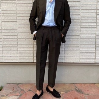 Dark Brown Suit with Tassel Loafers Dressy Outfits: Teaming a dark brown suit with a light blue dress shirt is an amazing idea for a sharp and polished outfit. A pair of tassel loafers immediately steps up the street cred of this look.