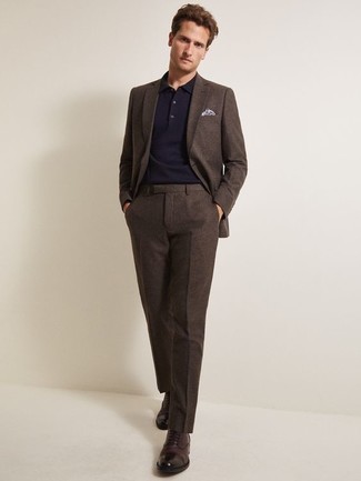 Men's Dark Brown Suit, Navy Polo, Dark Brown Leather Casual Boots, Grey Print Pocket Square
