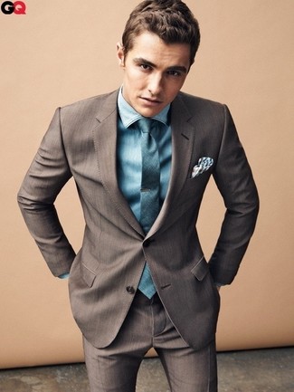 Dave Franco wearing Dark Brown Suit, Teal Dress Shirt, Teal Silk Tie, White and Blue Gingham Pocket Square