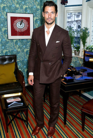 David Gandy wearing Dark Brown Suit, White Long Sleeve Shirt, Brown Leather Double Monks, White Pocket Square