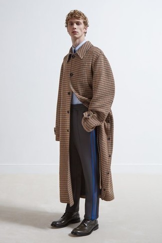 Men's Dark Brown Leather Casual Boots, Dark Brown Sweatpants, Light Blue Long Sleeve Shirt, Brown Houndstooth Overcoat