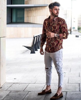 Burgundy Floral Long Sleeve Shirt Outfits For Men: 