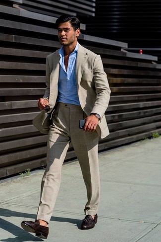 Light Blue Long Sleeve Shirt with Beige Suit Outfits: 