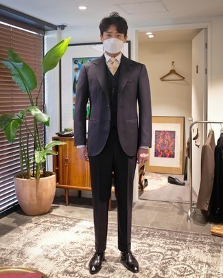 Men's Dark Brown Three Piece Suit, White Dress Shirt, Black Leather Oxford Shoes, Beige Tie