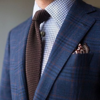 Men's Burgundy Print Pocket Square, Dark Brown Knit Tie, Light Blue Check Dress Shirt, Navy Plaid Wool Blazer