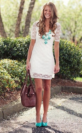 Women's Mint Necklace, Dark Brown Leather Tote Bag, Mint Leather Pumps, White Lace Shift Dress