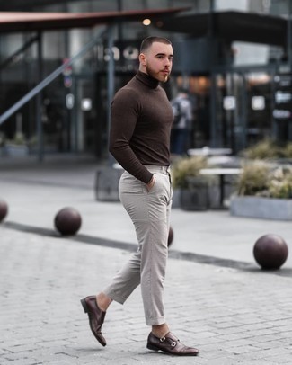 Brown Leather Double Monks Outfits: Try teaming a dark brown turtleneck with grey check chinos for an on-trend, casual look. Brown leather double monks are an easy way to inject a dash of sophistication into this outfit.