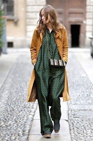 Women's Black and White Leather Crossbody Bag, Dark Green Chunky Suede Ankle Boots, Dark Green Polka Dot Jumpsuit, Mustard Coat