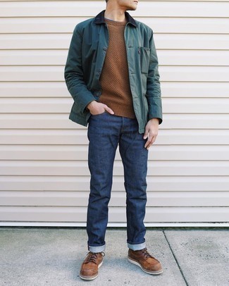 Navy Jeans Warm Weather Outfits For Men: A dark green barn jacket and navy jeans will introduce serious style into your current off-duty fashion mix. Spice up this ensemble by wearing brown leather casual boots.