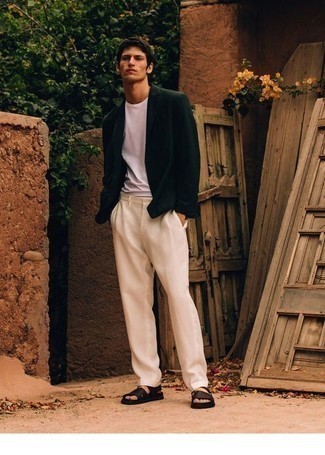 Leather Sandals Outfits For Men: For an outfit that's truly camera-worthy, opt for a dark green blazer and beige chinos. Want to break out of the mold? Then why not complete this outfit with a pair of leather sandals?