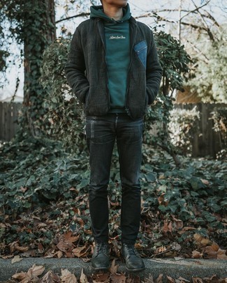 Dark Green Bomber Jacket Outfits For Men: A dark green bomber jacket and black ripped jeans are a great outfit to add to your casual lineup. And if you need to immediately perk up your outfit with a pair of shoes, introduce black leather casual boots to the mix.