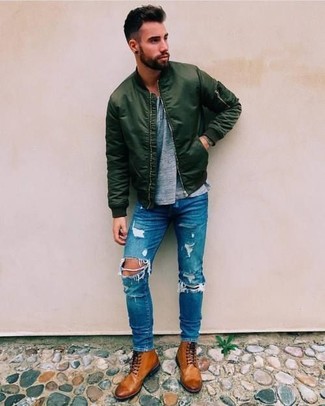 Men's Dark Green Bomber Jacket, Grey Crew-neck T-shirt, Blue Ripped Skinny Jeans, Brown Leather Casual Boots