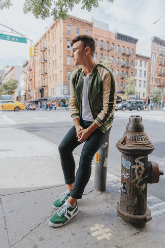 Men's Dark Green Bomber Jacket, White Crew-neck T-shirt, Charcoal Skinny Jeans, Green Low Top Sneakers