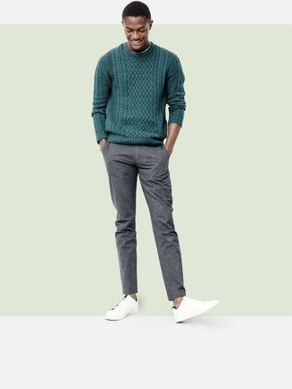 Men's Dark Green Cable Sweater, Grey Wool Chinos, White Canvas Low Top Sneakers