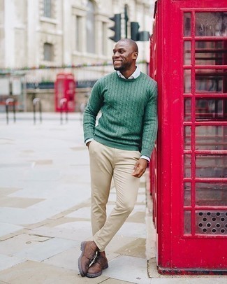 Dark Green Cable Sweater Outfits For Men: A dark green cable sweater and beige chinos are a cool getup to keep in your daily styling repertoire. Complete this ensemble with brown leather derby shoes to effortlessly step up the classy factor of any look.