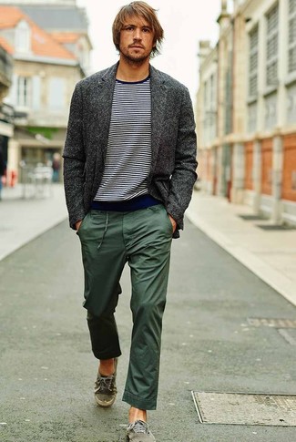 Men's Green Canvas Low Top Sneakers, Dark Green Chinos, Navy and White Horizontal Striped Crew-neck Sweater, Charcoal Wool Blazer