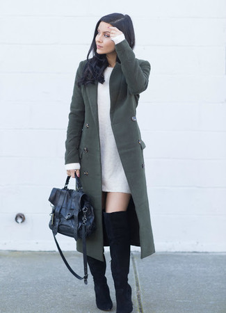 Dark Green Coat Outfits For Women: For an ensemble that's very straightforward but can be manipulated in a ton of different ways, consider pairing a dark green coat with a white sweater dress. Black suede over the knee boots integrate well within many combinations.