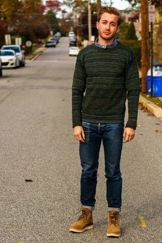 Men's Dark Green Horizontal Striped Crew-neck Sweater, Blue Chambray Long Sleeve Shirt, Navy Jeans, Tobacco Suede Work Boots