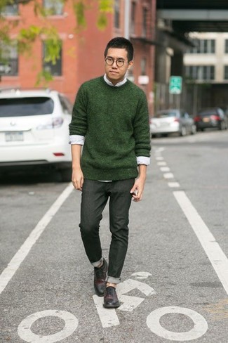 Men's Dark Green Crew-neck Sweater, Grey Long Sleeve Shirt, Charcoal Jeans, Black Leather Brogues