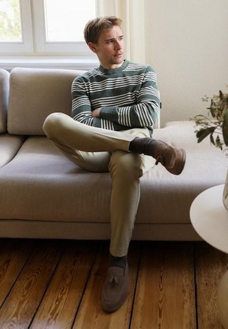 Dark Green Horizontal Striped Crew-neck Sweater Outfits For Men: The formula for a knockout laid-back outfit for men? A dark green horizontal striped crew-neck sweater with khaki chinos. Make your look slightly classier by finishing off with a pair of brown suede tassel loafers.